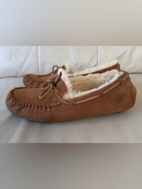 UGG Chestnut Suede Slip-On Moccasins with Black Rubber Soles